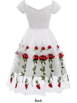 Rose Embroidered Vintage Midi Swing Dress for Women - 1950s Off Shoulder Style A-Line - Summer Tea Party 2026