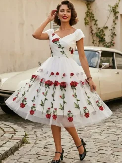Rose Embroidered Vintage Midi Swing Dress for Women - 1950s Off Shoulder Style A-Line - Summer Tea Party 2026