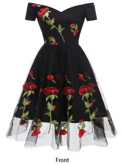 Rose Embroidered Vintage Midi Swing Dress for Women - 1950s Off Shoulder Style A-Line - Summer Tea Party 2026