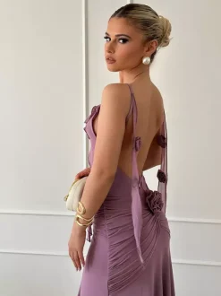 Rosette Ruffle Backless Ruched Mermaid Maxi Dress For Women 2026