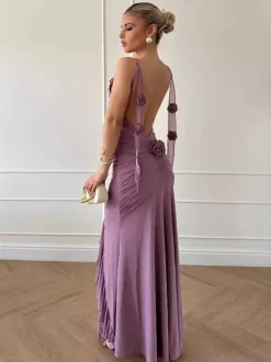 Rosette Ruffle Backless Ruched Mermaid Maxi Dress For Women 2026