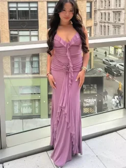Rosette Ruffle Backless Ruched Mermaid Maxi Dress For Women 2026