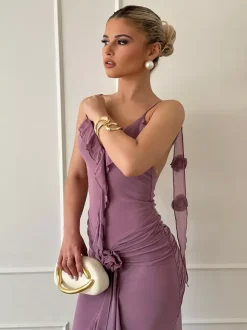 Rosette Ruffle Backless Ruched Mermaid Maxi Dress For Women 2026