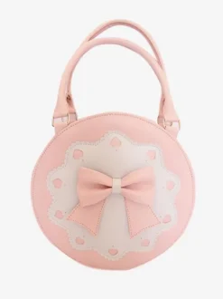 Round Lolita Handbag Bow Decor White Embroidery Heart Hollow