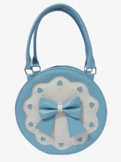 Round Lolita Handbag Bow Decor White Embroidery Heart Hollow