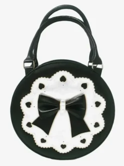 Round Lolita Handbag Bow Decor White Embroidery Heart Hollow