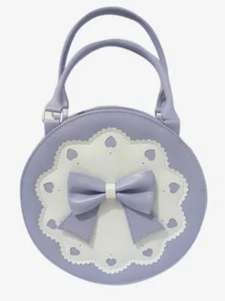 Round Lolita Handbag Bow Decor White Embroidery Heart Hollow