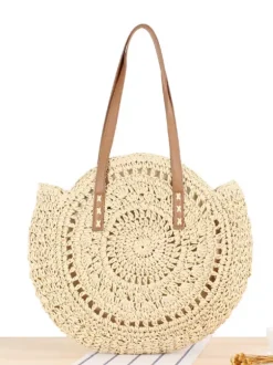 Round Hollow Shoulder Bag Paper Rope Woven Beach Bag For Women 2026