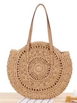 Round Hollow Shoulder Bag Paper Rope Woven Beach Bag For Women 2026