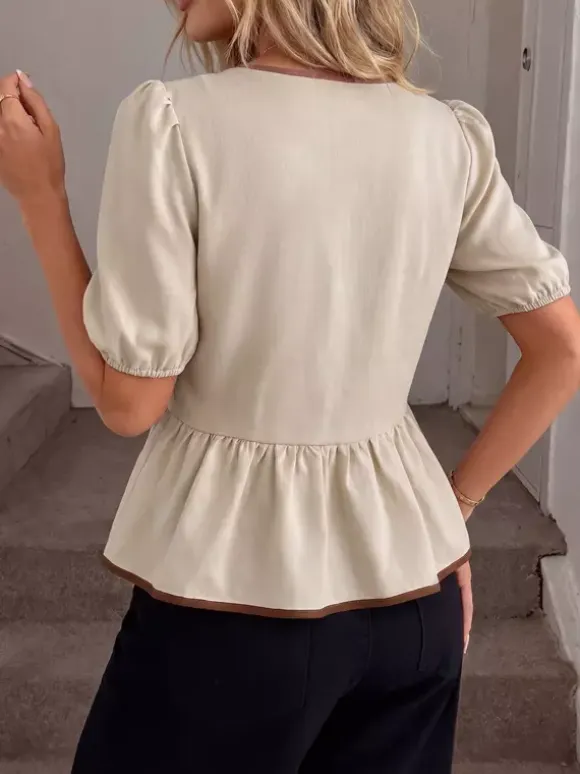 Round Neck Contrast Ribbon Bow Puff Sleeve Peplum Blouse