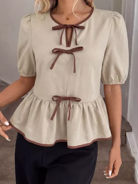 Round Neck Contrast Ribbon Bow Puff Sleeve Peplum Blouse