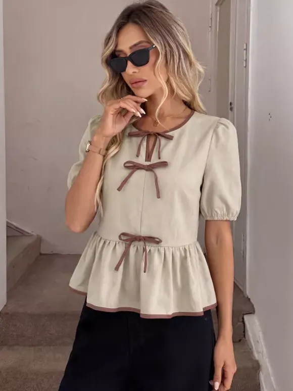 Round Neck Contrast Ribbon Bow Puff Sleeve Peplum Blouse