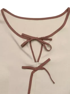 Round Neck Contrast Ribbon Bow Puff Sleeve Peplum Blouse