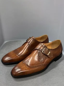 Round Toe Cowhide Mens Monk Loafer Shoes Prom Wedding Shoes