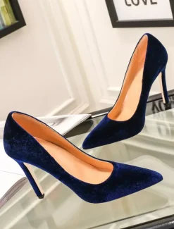 Royal Blue High Heels Velvet Pointed Toe Stiletto Heel Slip On Pumps Women Shoes