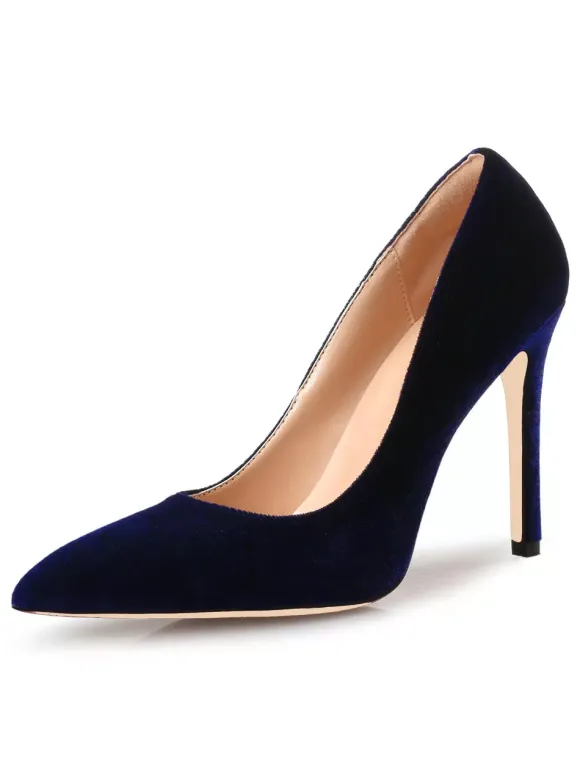 Royal Blue High Heels Velvet Pointed Toe Stiletto Heel Slip On Pumps Women Shoes