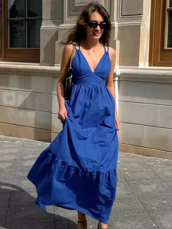 Royal Blue 100% Cotton Women's Maxi Dress - Criss Cross Backless Strappy Sundress - V-neck Summer Beach Vacation Dress 2026
