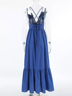Royal Blue 100% Cotton Women's Maxi Dress - Criss Cross Backless Strappy Sundress - V-neck Summer Beach Vacation Dress 2026