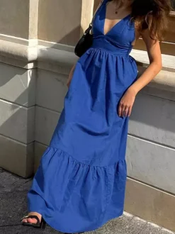 Royal Blue 100% Cotton Women's Maxi Dress - Criss Cross Backless Strappy Sundress - V-neck Summer Beach Vacation Dress 2026