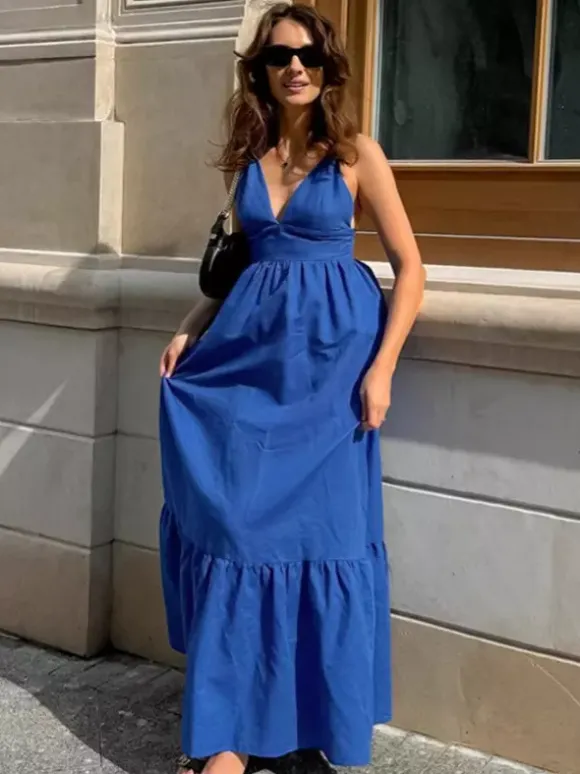 Royal Blue 100% Cotton Women's Maxi Dress - Criss Cross Backless Strappy Sundress - V-neck Summer Beach Vacation Dress 2026