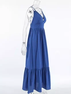 Royal Blue 100% Cotton Women's Maxi Dress - Criss Cross Backless Strappy Sundress - V-neck Summer Beach Vacation Dress 2026