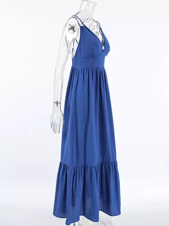 Royal Blue 100% Cotton Women's Maxi Dress - Criss Cross Backless Strappy Sundress - V-neck Summer Beach Vacation Dress 2026