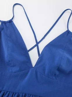 Royal Blue 100% Cotton Women's Maxi Dress - Criss Cross Backless Strappy Sundress - V-neck Summer Beach Vacation Dress 2026