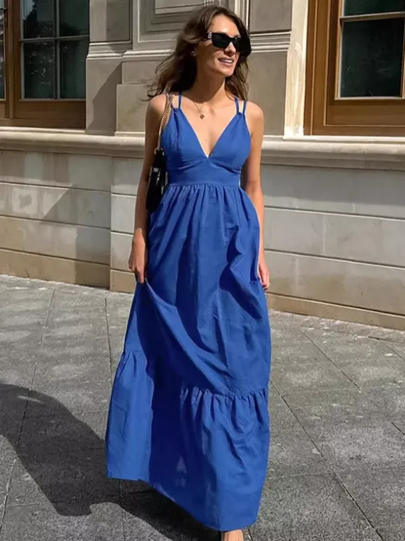 Royal Blue 100% Cotton Women's Maxi Dress - Criss Cross Backless Strappy Sundress - V-neck Summer Beach Vacation Dress 2026