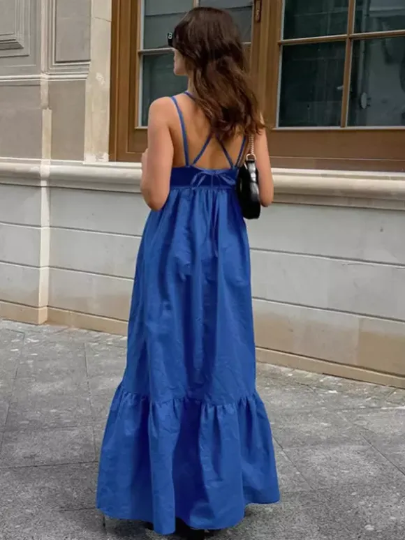 Royal Blue 100% Cotton Women's Maxi Dress - Criss Cross Backless Strappy Sundress - V-neck Summer Beach Vacation Dress 2026