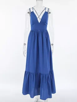 Royal Blue 100% Cotton Women's Maxi Dress - Criss Cross Backless Strappy Sundress - V-neck Summer Beach Vacation Dress 2026
