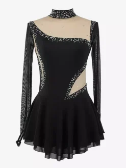 Royal Blue Women And Girl Skating Dress Mesh Beaded Rhinestone Long Sleeves Ice Skater Dress