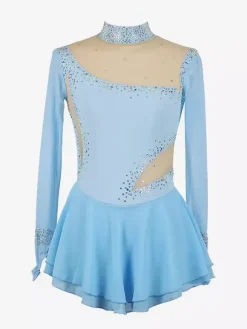 Royal Blue Women And Girl Skating Dress Mesh Beaded Rhinestone Long Sleeves Ice Skater Dress
