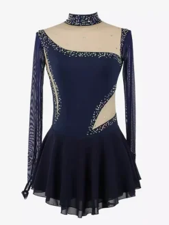 Royal Blue Women And Girl Skating Dress Mesh Beaded Rhinestone Long Sleeves Ice Skater Dress