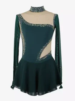 Royal Blue Women And Girl Skating Dress Mesh Beaded Rhinestone Long Sleeves Ice Skater Dress