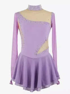 Royal Blue Women And Girl Skating Dress Mesh Beaded Rhinestone Long Sleeves Ice Skater Dress