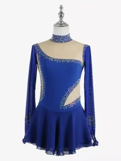 Royal Blue Women And Girl Skating Dress Mesh Beaded Rhinestone Long Sleeves Ice Skater Dress
