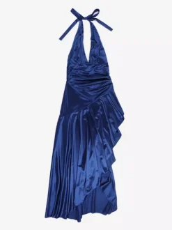 Royal Blue Women Maxi Slit Dress - Elegant Halter Neck Asymmetric Ruffle Hem Gown - Vintage Glam Summer Party Wear 2026