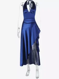 Royal Blue Women Maxi Slit Dress - Elegant Halter Neck Asymmetric Ruffle Hem Gown - Vintage Glam Summer Party Wear 2026
