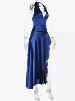 Royal Blue Women Maxi Slit Dress - Elegant Halter Neck Asymmetric Ruffle Hem Gown - Vintage Glam Summer Party Wear 2026