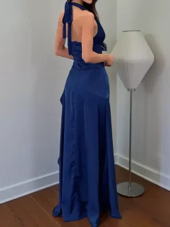 Royal Blue Women Maxi Slit Dress - Elegant Halter Neck Asymmetric Ruffle Hem Gown - Vintage Glam Summer Party Wear 2026