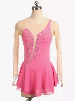 Royle Blue Skating Dress Nuded Long Sleeves Beaded Neckline Women And Girls Skating Costumes