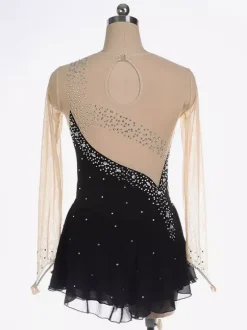 Royle Blue Skating Dress Nuded Long Sleeves Beaded Neckline Women And Girls Skating Costumes