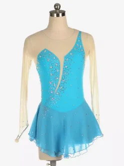 Royle Blue Skating Dress Nuded Long Sleeves Beaded Neckline Women And Girls Skating Costumes