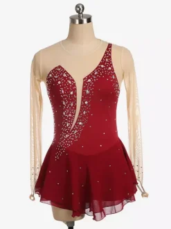 Royle Blue Skating Dress Nuded Long Sleeves Beaded Neckline Women And Girls Skating Costumes