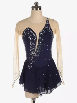 Royle Blue Skating Dress Nuded Long Sleeves Beaded Neckline Women And Girls Skating Costumes