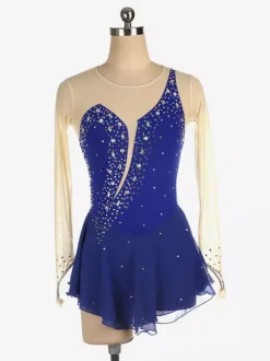 Royle Blue Skating Dress Nuded Long Sleeves Beaded Neckline Women And Girls Skating Costumes