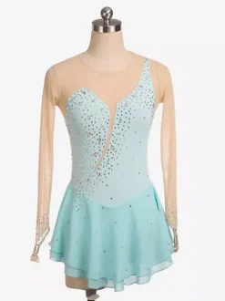 Royle Blue Skating Dress Nuded Long Sleeves Beaded Neckline Women And Girls Skating Costumes