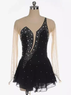 Royle Blue Skating Dress Nuded Long Sleeves Beaded Neckline Women And Girls Skating Costumes