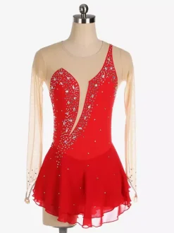 Royle Blue Skating Dress Nuded Long Sleeves Beaded Neckline Women And Girls Skating Costumes