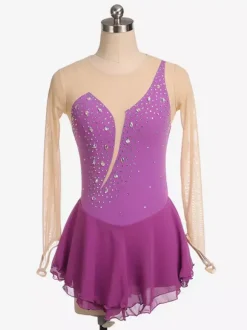 Royle Blue Skating Dress Nuded Long Sleeves Beaded Neckline Women And Girls Skating Costumes